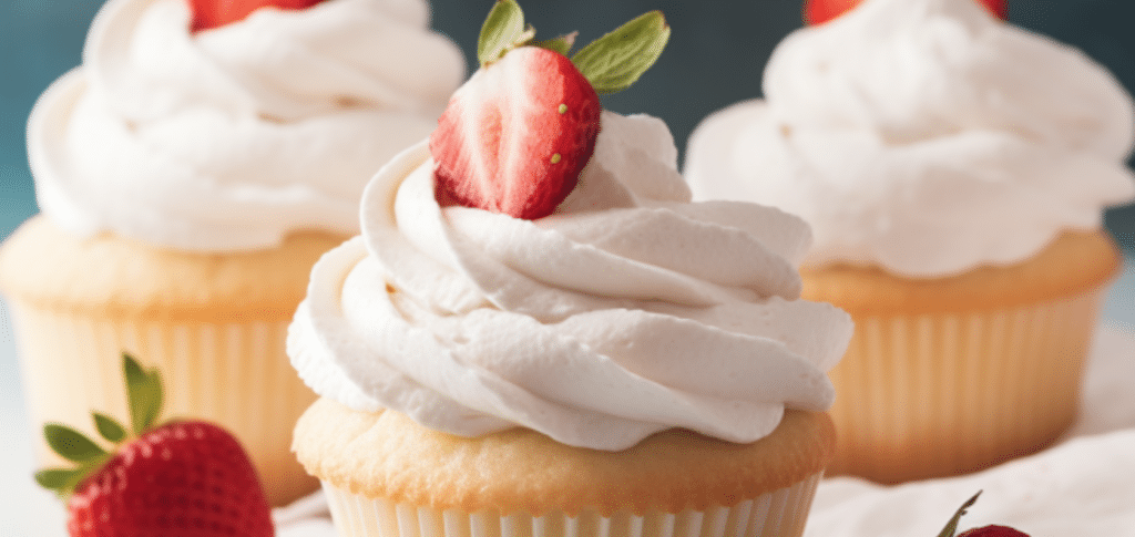 Three vanilla cupcakes pictured with light pink frosting and a sliced strawberry on top