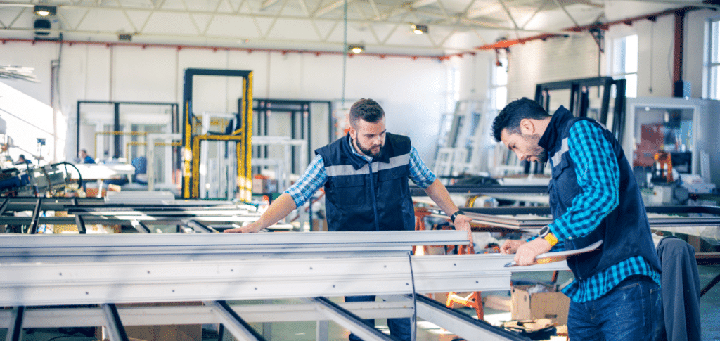 two manufacturing employees working in a window and door framing facility